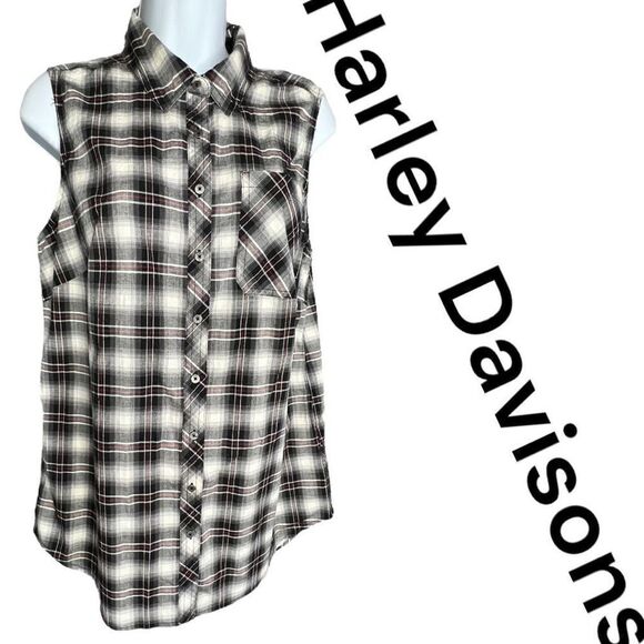 Harley Davidson Women's HDMC Sleeveless Plaid Button Down Shirt Black Medium NWT - Picture 1 of 11